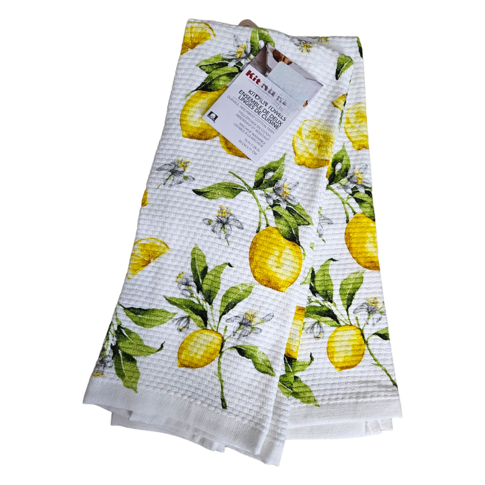 NEW KitchenAid Lemon Print Kitchen Towels 16" x 28" [Yellow & White] (Set of 2)